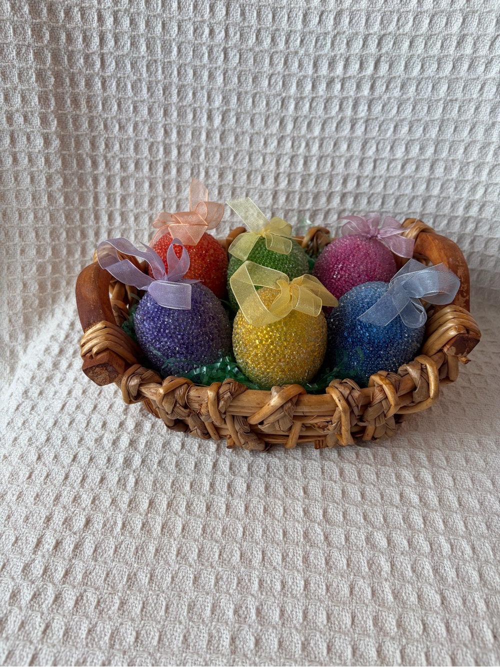 Bamboo Basket Filled With 6 Beaded Sugar Egg Ornaments With Ribbon Bows